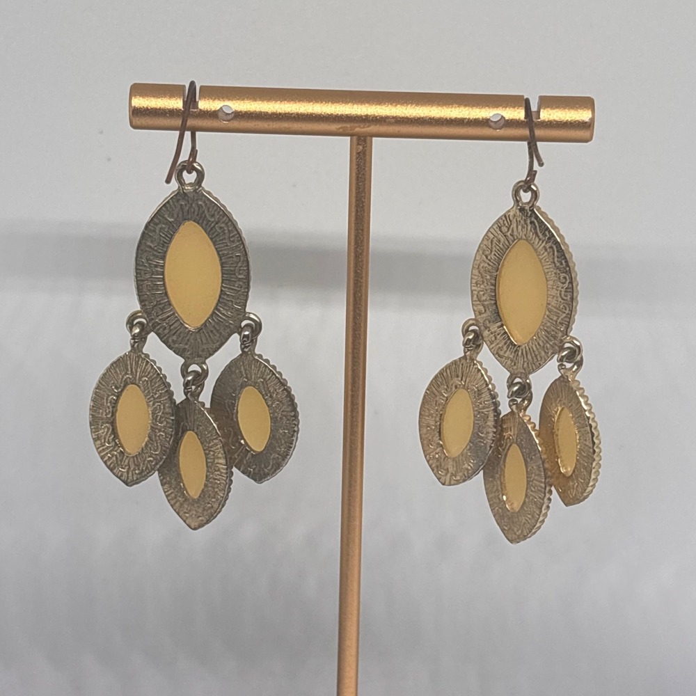Oval Drop‎ Earrings Gold Tone Cream Cabochon Dangle Statement Jewelry - Picture 2 of 7